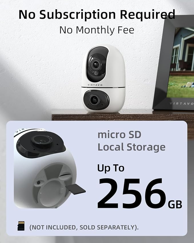 VIRTAVO XD1 Indoor Pet & Baby Camera, No Subscription Required, Dual-Lens 360° PTZ, Motion Tracking, 2-Way Audio, Night Vision, Cloud/SD Storage, Phone App, WiFi, 2-Pack,Power Adapter Included