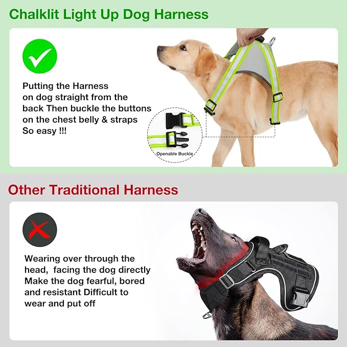 ChalkLit Light Up Dog Harness, No Pull Led Dog Harness Glow-in-The-Dark for Night Walking, USB Rechargeable Lighted Safety Vest for Medium Large Dogs, Adjustable Soft Mesh Fully Illuminated (Green, M)