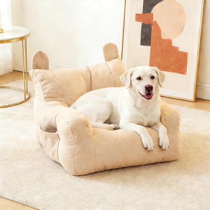 Cute Ear Pet Sofa Bed, Pet Bed Mat, Linen Pet Bed for Small & Medium Dogs and Cats, Soft Washable Pet Furniture Beds Supplies for Dog Kitty (White)