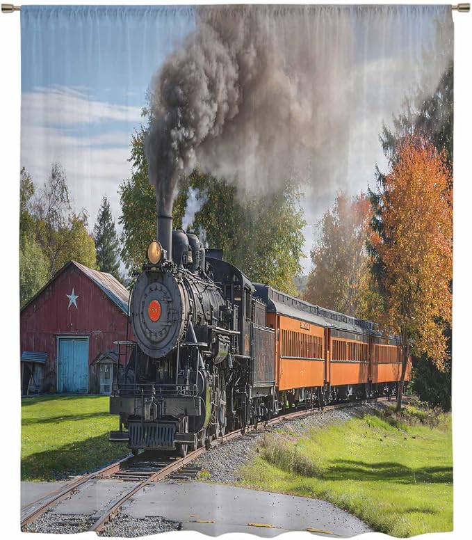 Steam Train Sheer Curtains 108 Inch Length Railroad Country Barn Rustic Trees