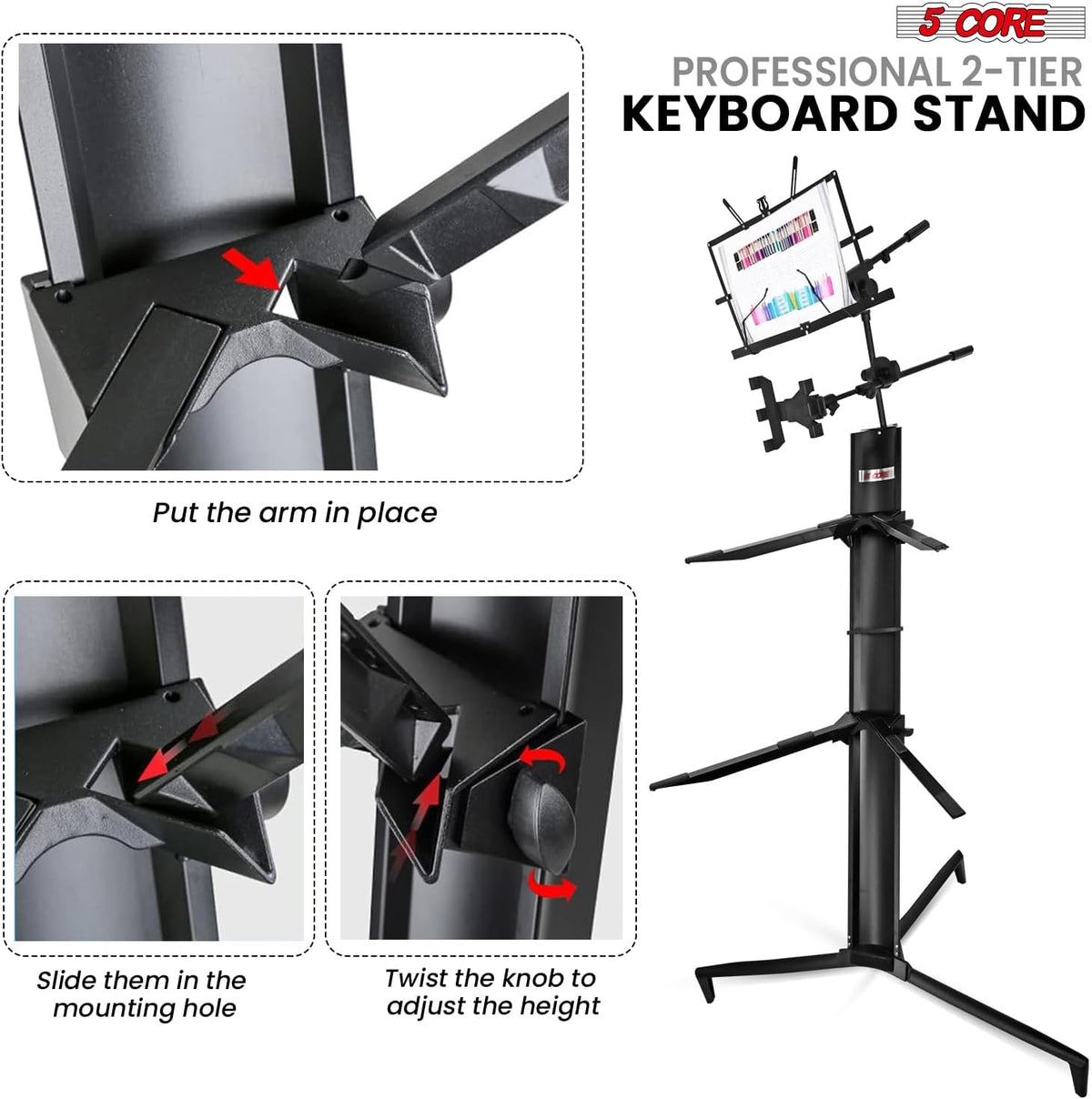 5 CORE Keyboard Stand 2 Tier Column for 61/76/88 Key Board DJ Controller Stands for Electric Digital Midi Pianos Black - KS C 2TD BLK AL