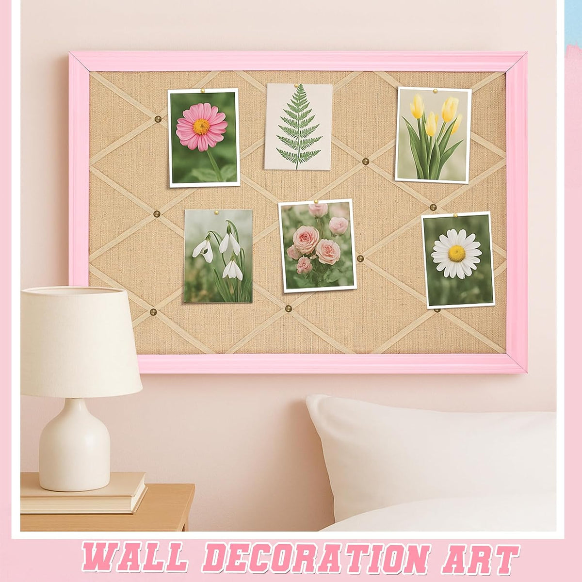 DoubleFill Pink Bulletin Board 21"×27" Linen Fabric Decorative Boards Hanging Memo Board with 20 Pushpins Large Cork Bulletin Boards for Home Office Decor Photos Display - Gold Linen with Pink Frame
