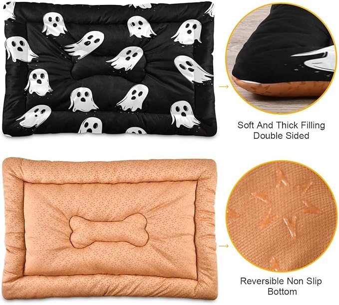 Halloween Dog Bed Mat Halloween Ghost Spooky Comfortable Pet Kennel Beds Washable Cat Beds Crate Pad Pets Sleeping Mattress for Large Medium Small Dogs 24 x18 Inch