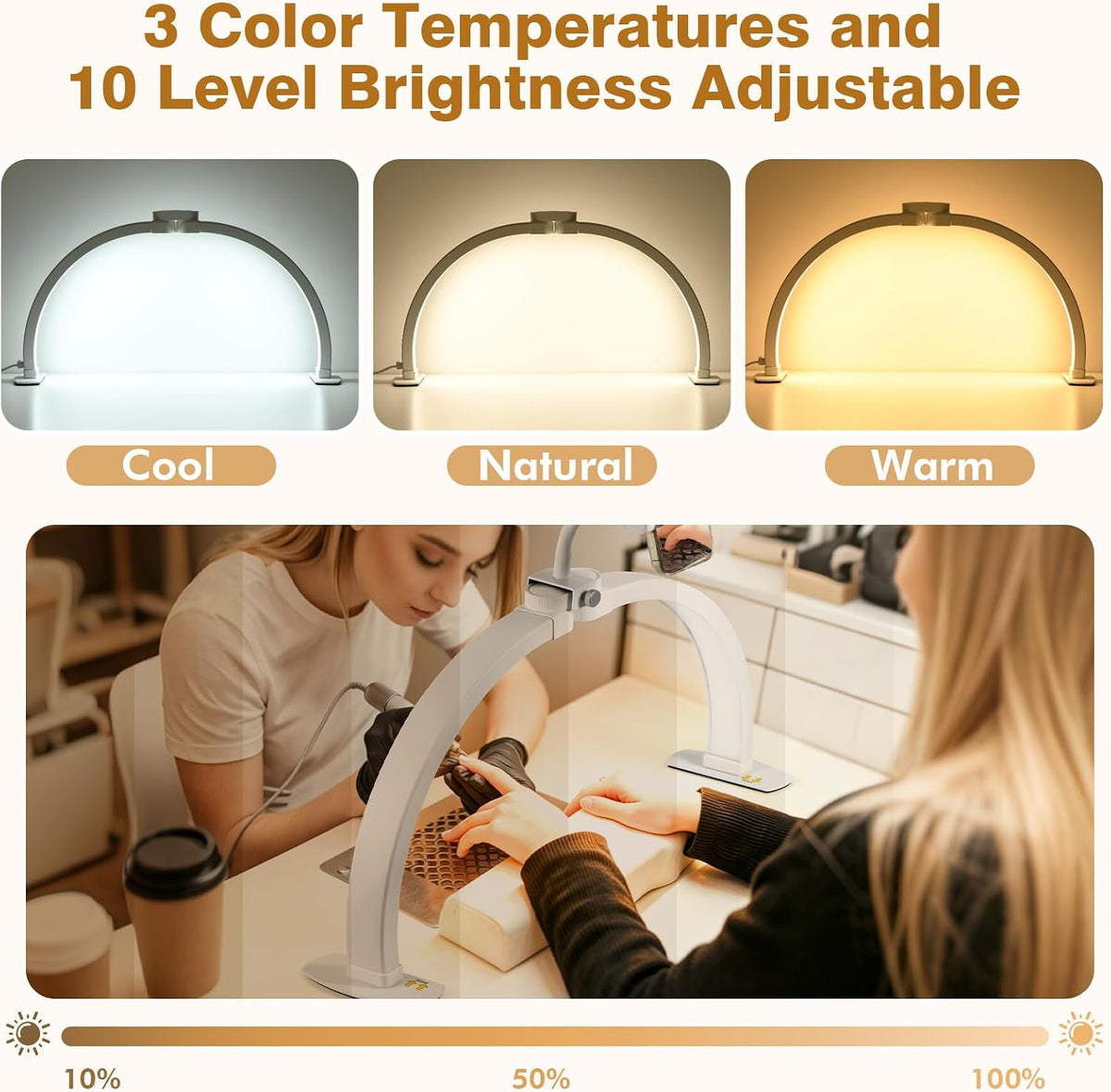 Half Moon Light for Nail Desk, 23" Foldable Arch LED Desk Lamp with Phone Holder, 3 Color Modes & 10 Brightness Levels, 364 LEDs 4700LM CRI≥90, Shadow-Free Manicure Lamp for Salon & Home (White)