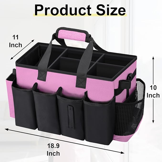Wearable Large Cleaning Caddy Bag for Housekeeper, Clean Supply Organizer with Adjustable Shoulder, Waist & Handle Straps, Detailing Bag for Kitchen Supplies (Pink)
