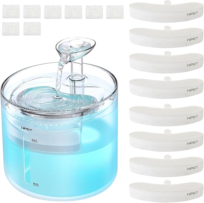 NPET WF100 Cat Fountain, 54oz/1.6L Automatic Pet Water Fountain Dog Water Dispenser with LED Light Quiet Pump for Cats & Small Dogs(Fountain+8 Filters +8 Sponges, White)