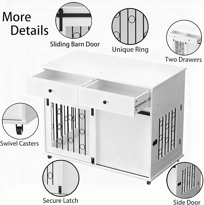 39.37'' Modern Wooden Dog Crate Furniture with Double Drawers and Sliding Barn Door, Decorative Pet Kennel End Table with Lockable Wheels, Stylish Dog Cage for Small to Medium Dogs – White