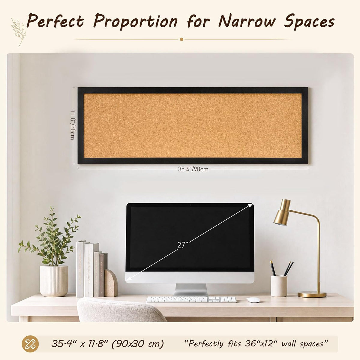 DOLLAR BOSS Narrow Linen Bulletin Board 36"x12" Long Cork Board, Black
