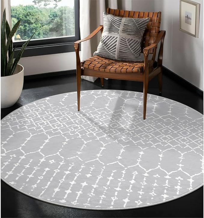 Lahome Moroccan 5Ft Round Rug Machine Washable Round Bedroom Carpet Grey