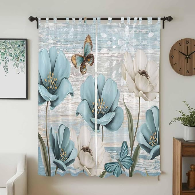 Spring Floral Living Room Curtains 84 Inch Length, Window Curtains Tab Top