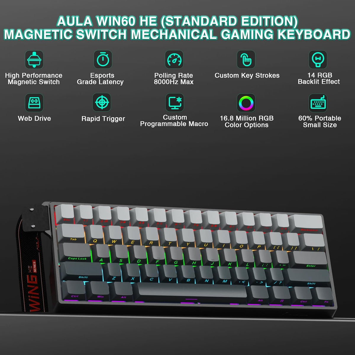 Aula WIN60 HE - 60% Mechanical Gaming Keyboard Wired, Hall Effect Magnetic Switch Hot Swappable,8000 Hz Polling Rate, RGB Keyboard 60 Percent Compact Design for PC (Gradient Gray)