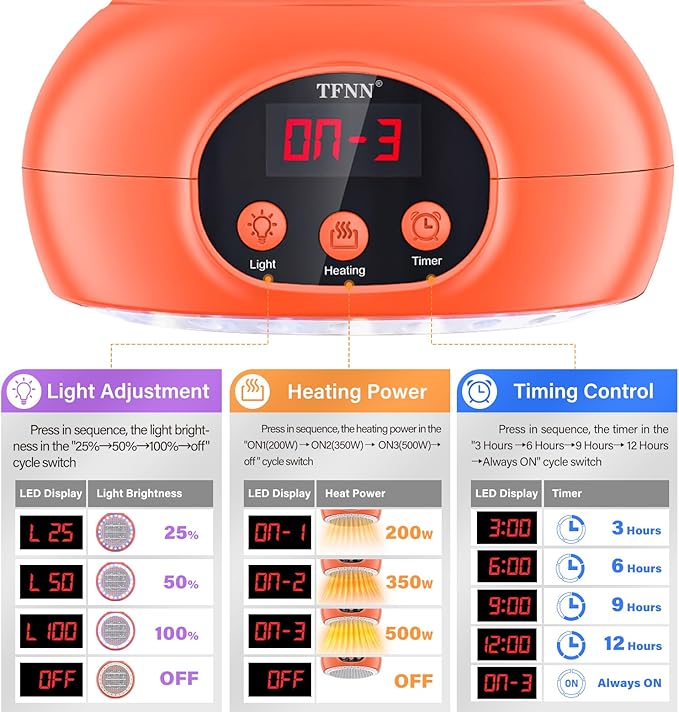 Chicken Coop Heater Lamps,200W-350W-500W Reptile Heating Lamp Upgraded with UVA UVB Ligh 3-6-9-12H Timer,Protable Greenhouse Heater for Outdoor Chicken Coop for Reptile Rabbits Dog Cats (Orange)