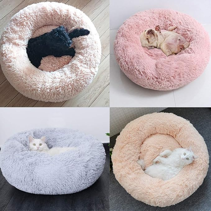 huraty Pet Dog Bed Plush Calming Bed, Fluffy Donut Round Pet Beds for Small Medium Large Dogs Cats, Anti-Slip & Anti-Anxiety, 28 Inch for Puppy and Kitties, White, L