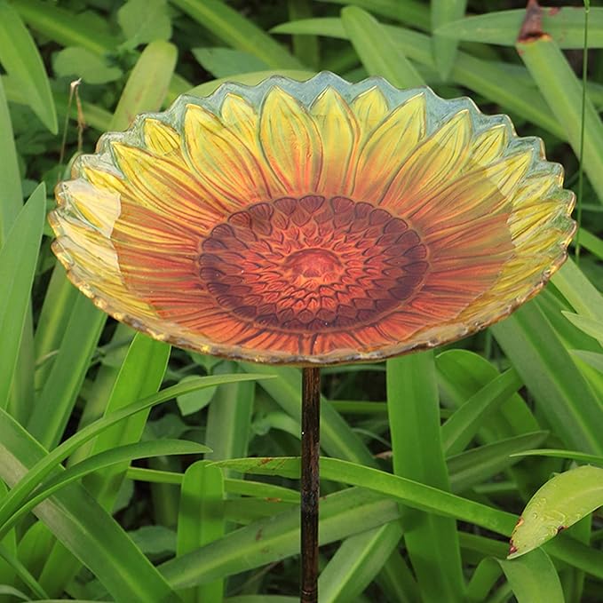 MUMTOP Glass Bird Bath, Garden Outdoor Birdbaths Birdfeeder with Metal Stake Sunflower
