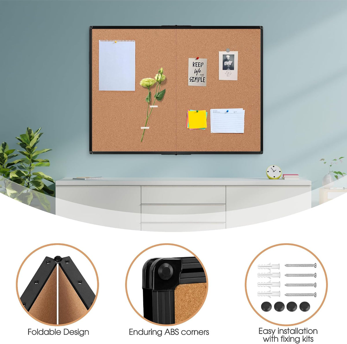 Cork Board Bulletin Board 36 x 48, Foldable Notice Pin Board for Wall, Black Aluminum Framed 4x3 Corkboard, Large Wall Mounted Office Board with 36 Push Pins for School & Home