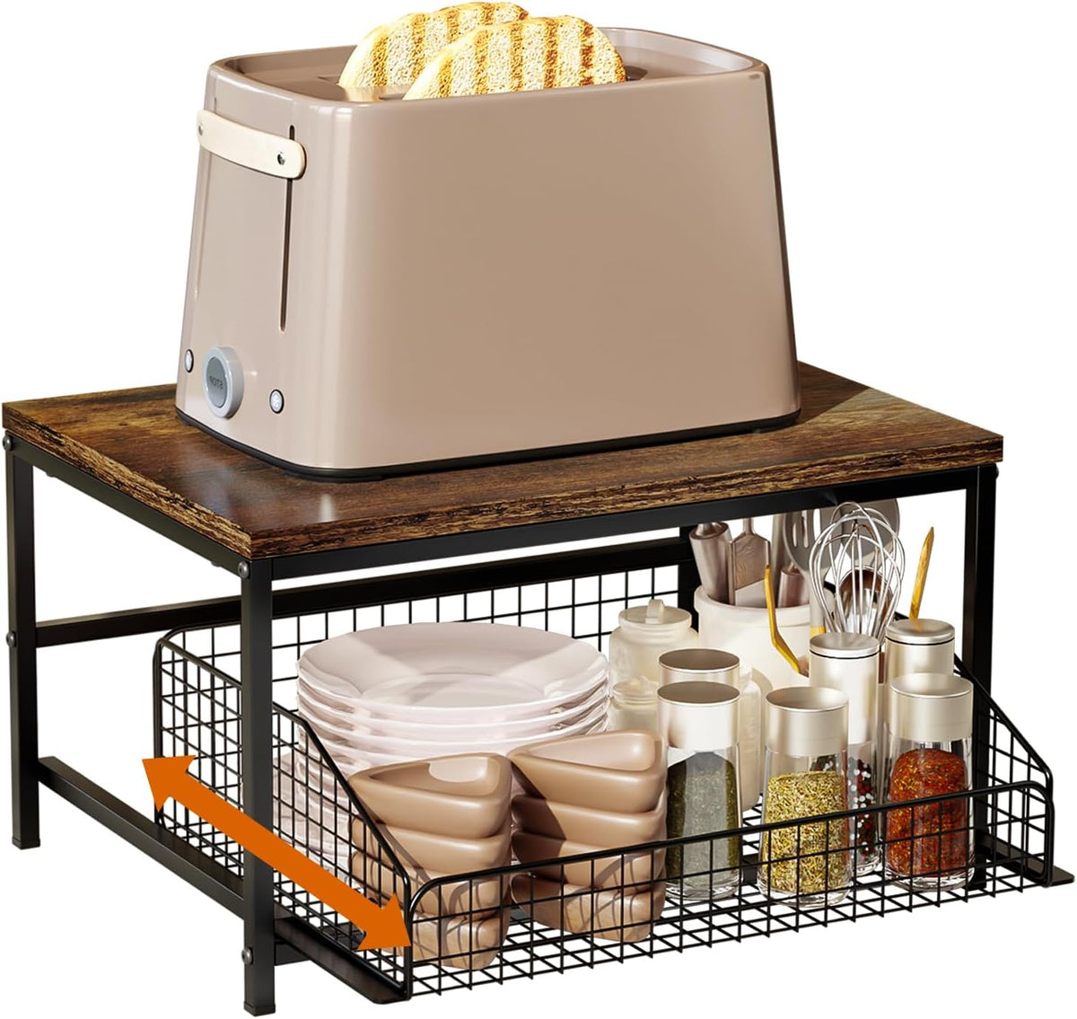 KLM Pull Out Spice Rack Organizer for Cabinet,Rustic Wood Top with Wire Basket Storage,Kitchen Countertop Organizer and Storage for Pantry, Counter top,Coffee Station Wood. (Brown)