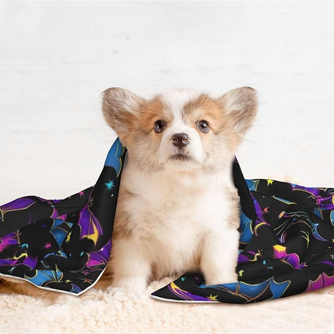 Double Sided Pet Bed Blanket for Added Cushion Warmth, Halloween Cool Bats, Reversible Cover with Textured Dot Surface for Existing Beds Standalone Mat