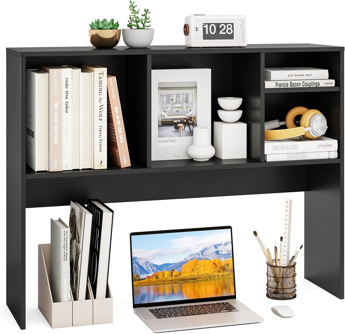 GOFLAME 4 Cubes Desktop Bookshelf, 37” Tabletop Wood Desk Shelf for Computer Monitor, Modern Countertop Desk Display Hutch Storage Organizer Shelf for Home Office, Dorm, Study, Black