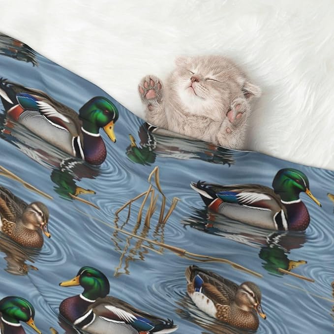 Two Sided Pet Cuddler Blanket for Anxiety Calming, Beauty Mallard Ducks Hunting, Reversible Plush Design with Bubble Dot Pattern Provides Familiar Surface Anywhere