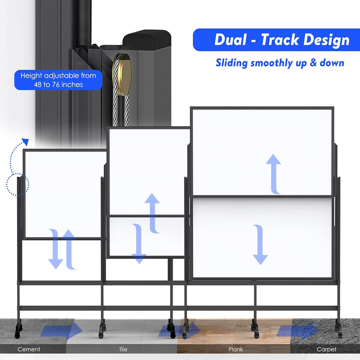Maxtek Double-Sided Rolling White Board on Wheels 48x60, Height Adjustable