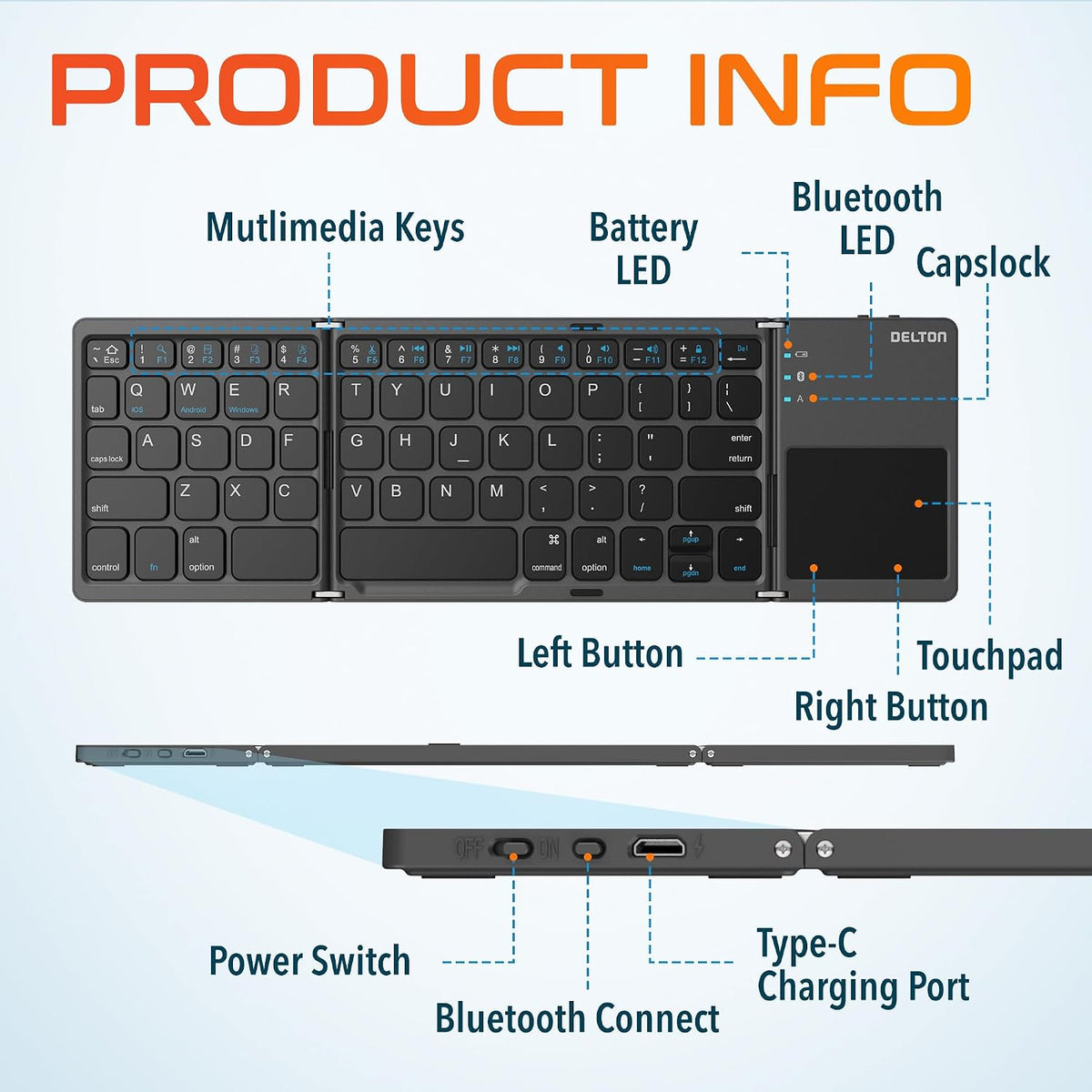 Delton F75 Folding Bluetooth Wireless Keyboard Sensitive Touchpad