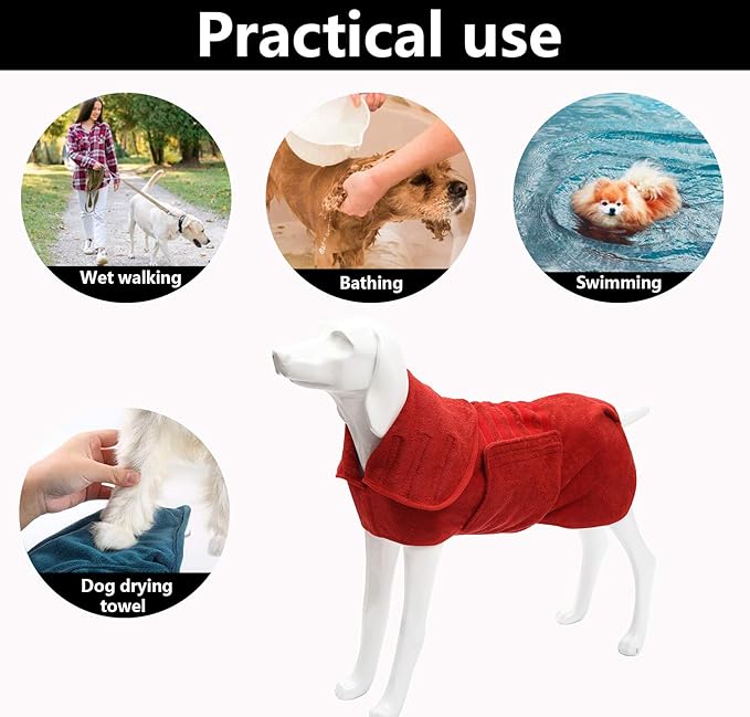 Geyecete Dog Drying Coat - Fast Drying Dog Bathrobe Towel - Microfibre Super Absorbent Pet Cat Bath Robe, Luxuriously Soft - Red - L
