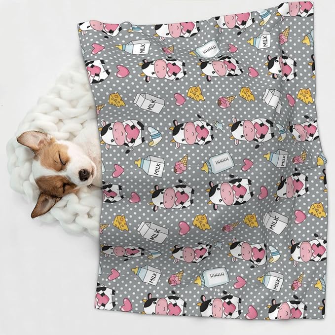 Double Sided Plush Pet Blanket for Small Large Animals, Cartoon Cow Character, Reversible Throw with Dimpled Dot Side and Flat Side for Kennels Living Rooms