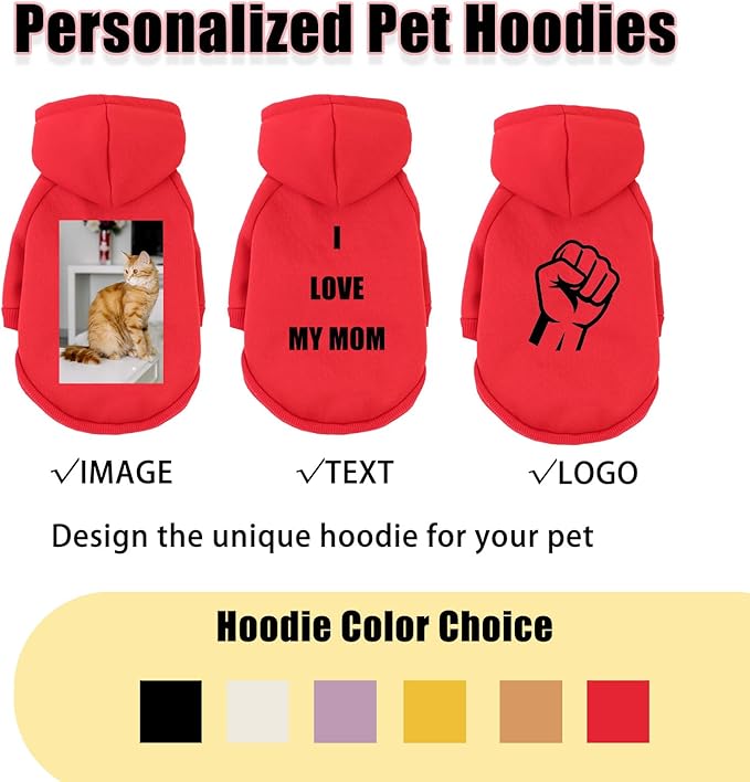 Custom Dog Hoodie, Personalized Sweatshirt with Photo Text Name Logo, Customized Hooded Sweater for Small Medium Large Dogs & Cats (Red, XXXXX-Large)