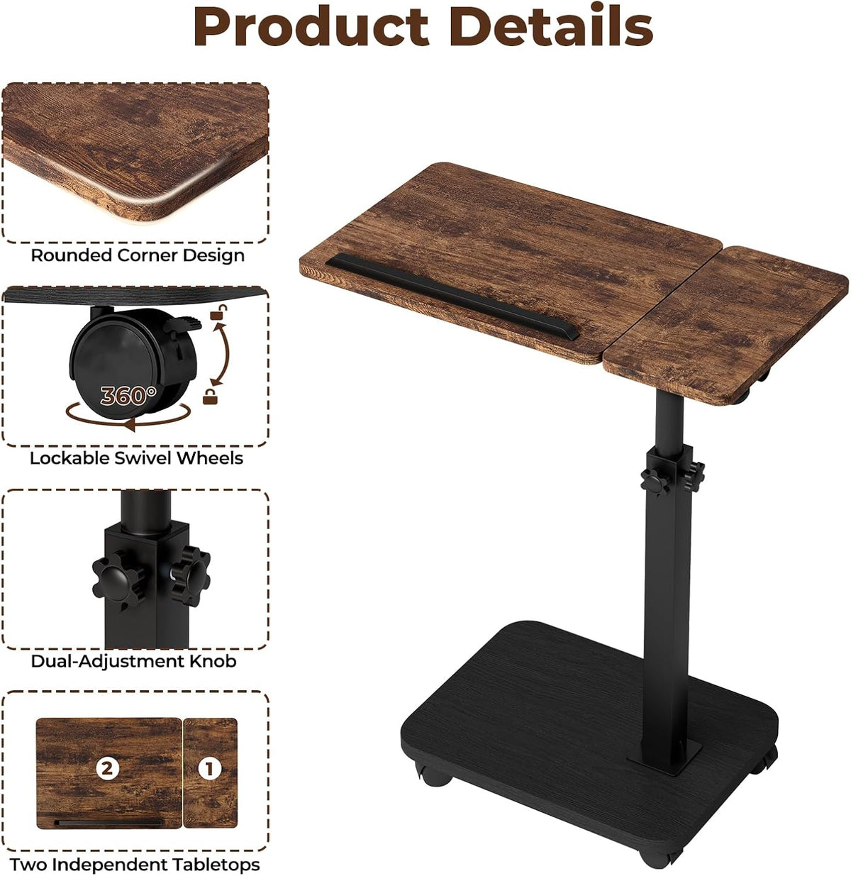 BROTTAR Rolling TV Tray Table with Wheels, Adjustable C Table, Rustic Brown