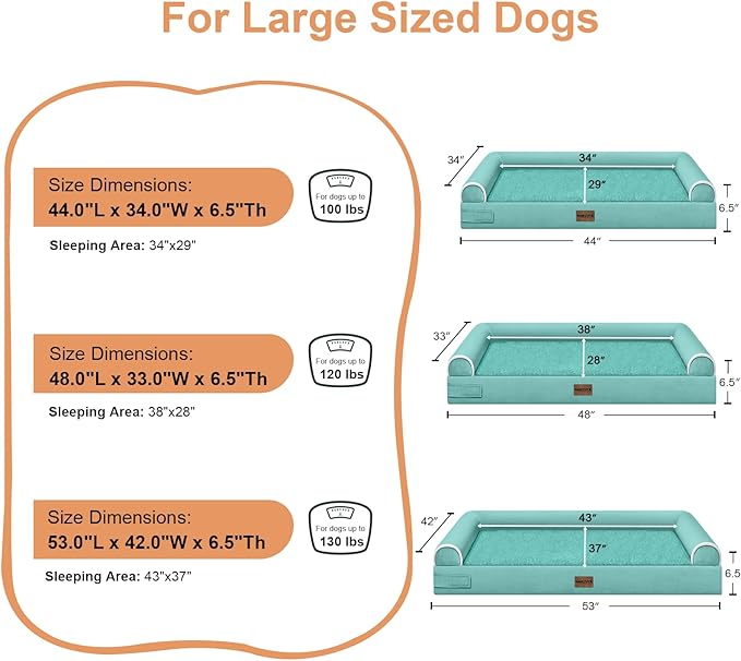 Large Dog Bed Orthopedic Washable: Jumbo Dog Bed Bolster Extra Large Dogs Egg Crate Foam Sofa Couch Waterproof Removable Cover - Aqua Blue