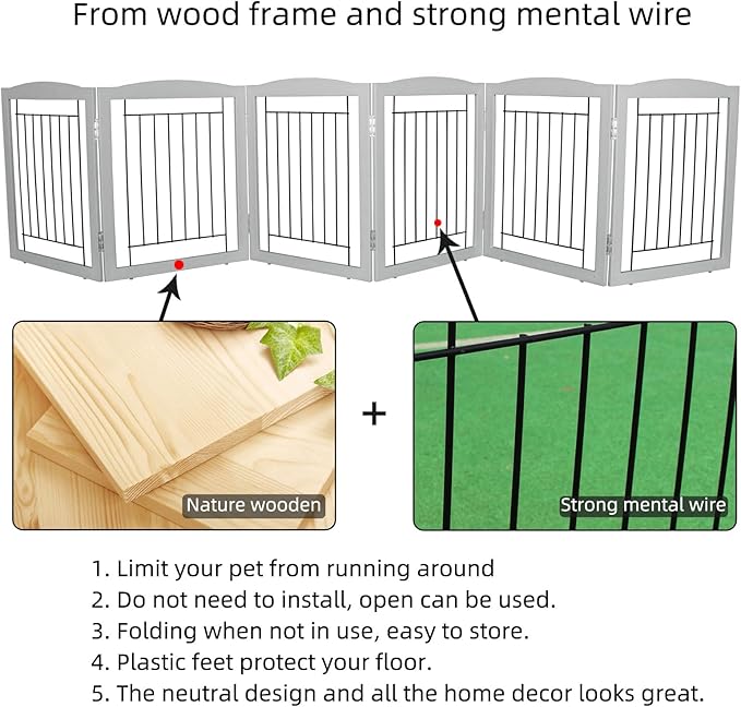 ZJSF Freestanding Foldable Dog Gate for House Extra Wide Wooden Grey Puppy Gate Stairs Dog Gates Doorways Tall Pet Gate 6 Panels Pet Fence