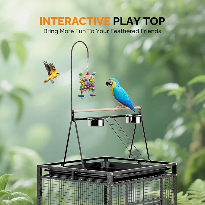 VINGLI Bird Cage, 83 Inch Wrought Iron Bird Cage with Play Top, Rolling Parakeet Cage for Cockatiels Lovebird Finches Canaries