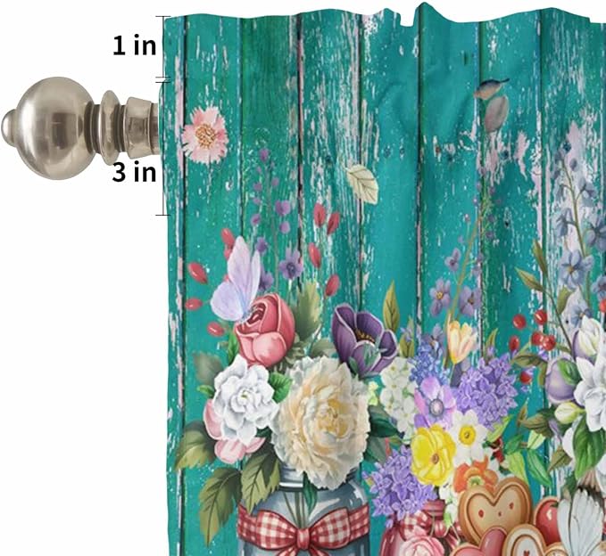 Spring Flowers Kitchen Curtain Set, Farmhouse Watercolor Teal Wood Grain Window