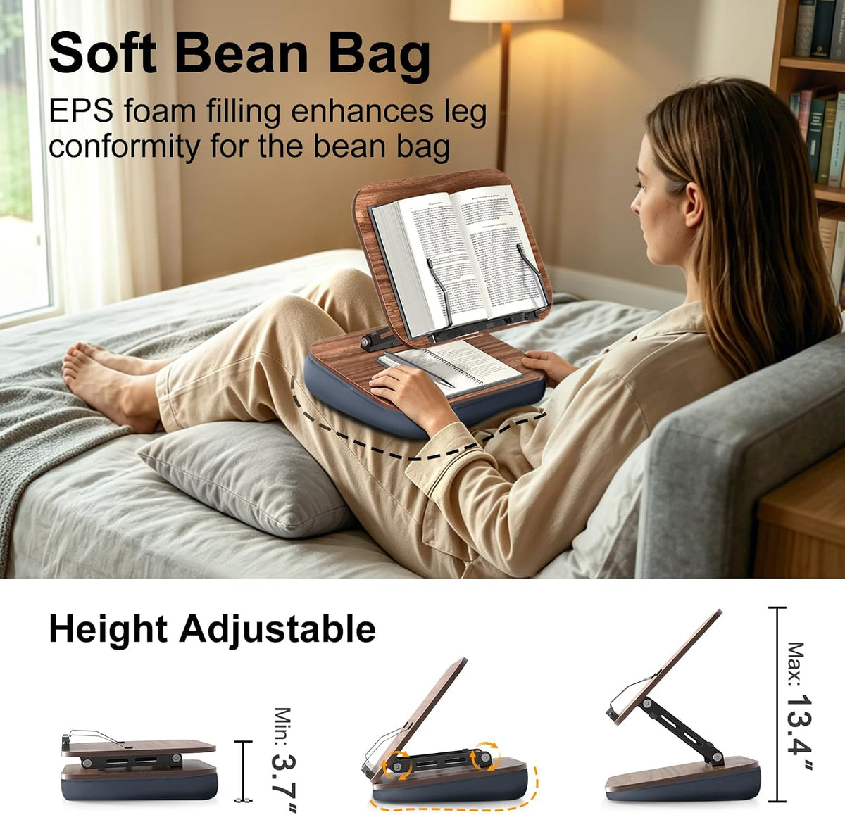 Lap Bean Bag Book Holders for Reading Hands Free, Adjustable Book Stand