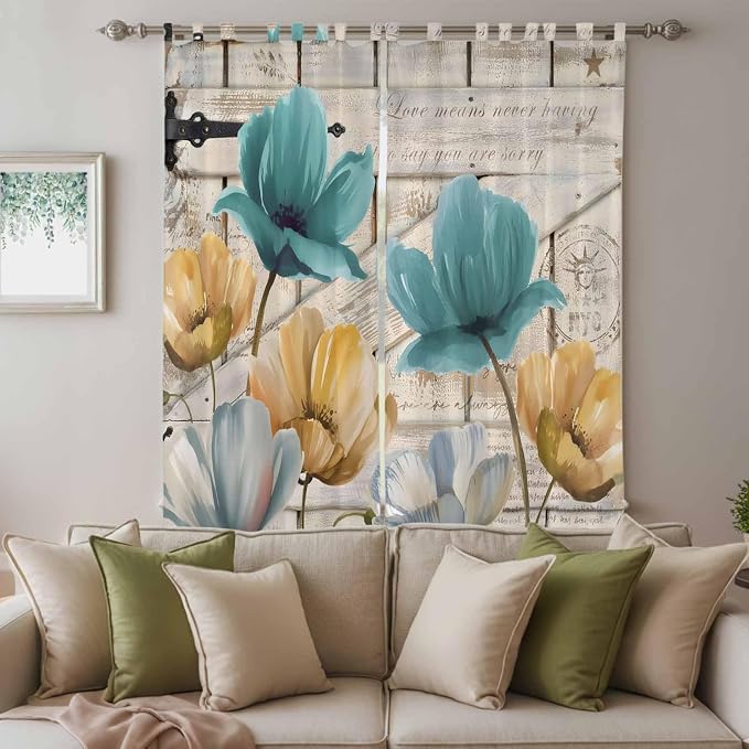 Watercolor Flowers Living Room Curtains 96 Inch Length, Window Curtains Tab Top