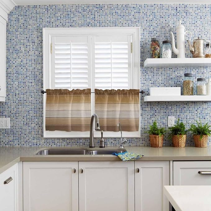 Vintage Brown Gradient Wood Grain Window Valance Curtains, Farmhouse Wood Barn