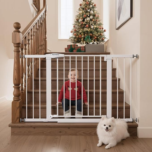 Mumeasy 29.7–48" Baby Gate for Stairs, Dog Gate for Doorways, Auto Close Child Gate, Indoor Safety Pet Gate with Walk Thru Door, Easy Install Pressure Mounted Extra Wide Gate for Kitchen, House,White