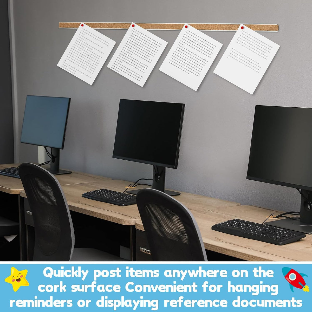 Threehoney 3 Pcs Cork Strips 36"x1" Bulletin Bar Strip, Aluminum Wall Trim