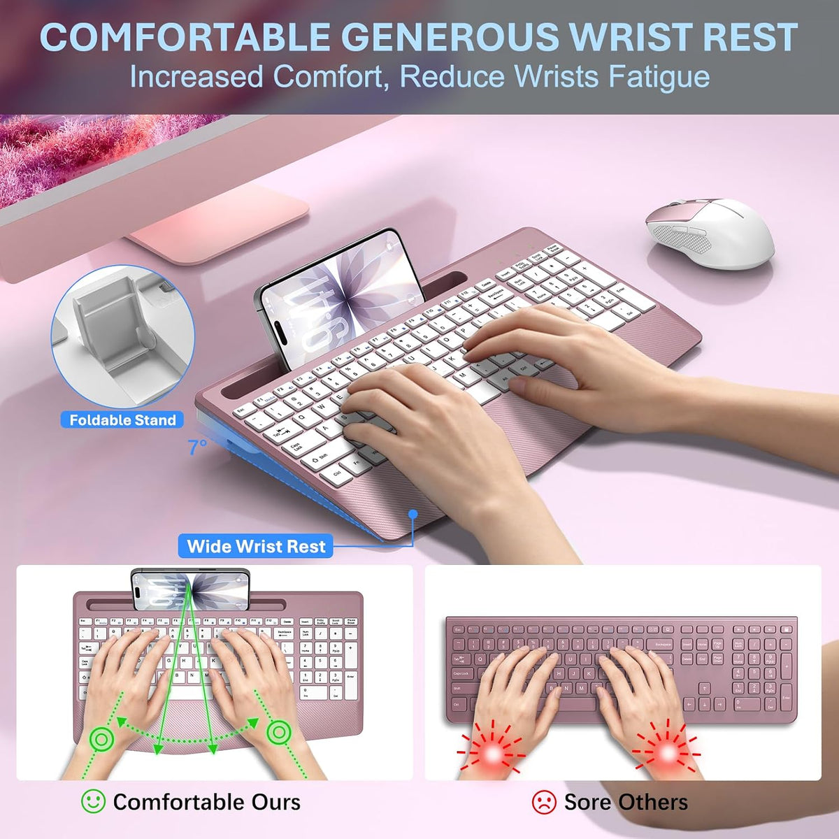 Rechargeable Silent Wireless Keyboard and Mouse Combo, Ergonomic Wrist Rest & Phone Tablet Holder, USB-C Adapter Included, 2.4G Lag-Free Cordless Set for Windows Mac Laptop PC Home Office (Rose Gold)
