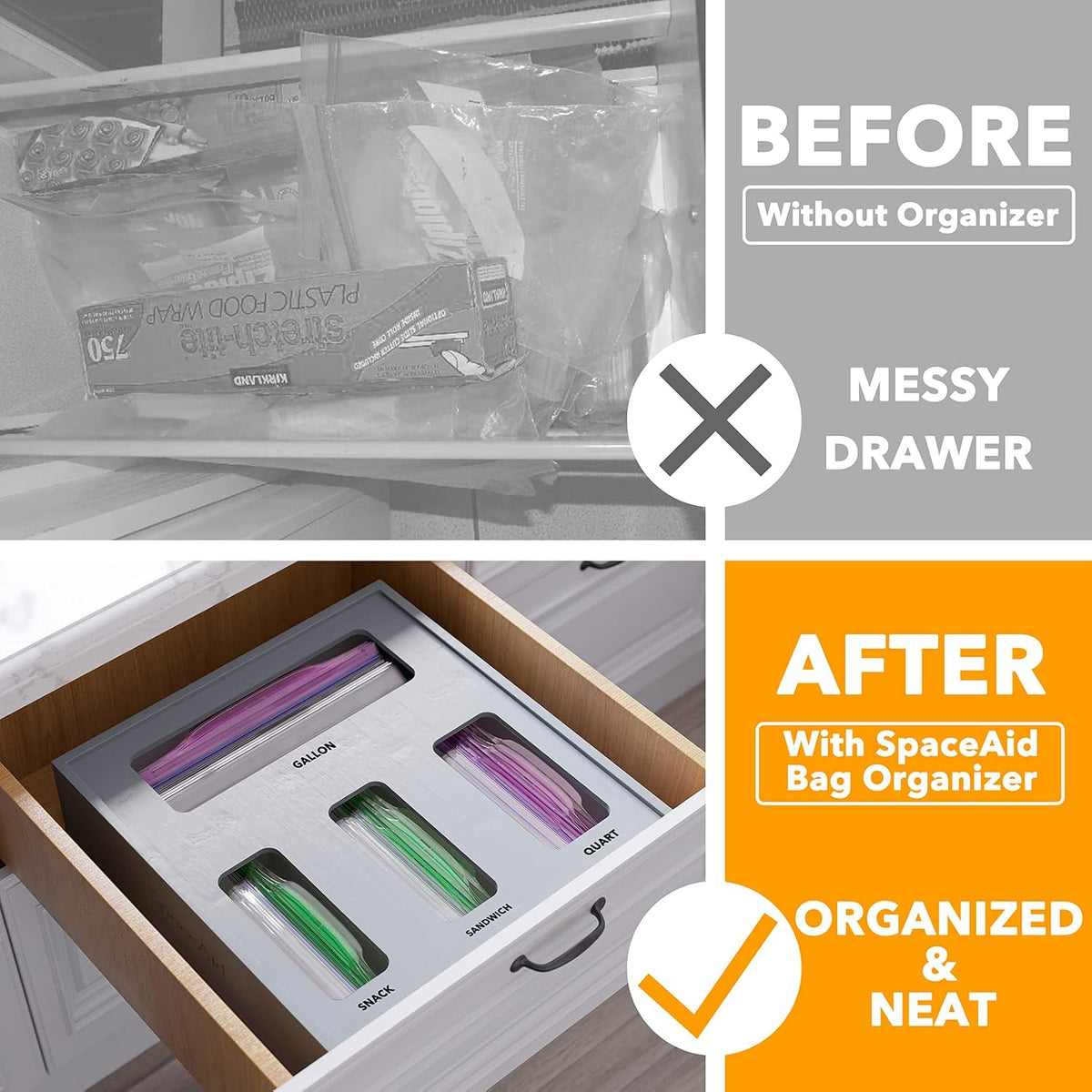 SpaceAid Bag Storage Organizer for Kitchen Drawer, Bamboo Organizer, Compatible with Gallon, Quart, Sandwich and Snack Variety Size Bag (1 Box 4 Slots), Gray