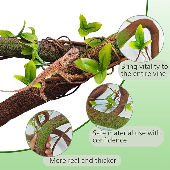 BNOSDM Reptile Jungle Vines with Leaves,Flexible Reptile Climbing Vines Branch,Chameleon Bendable Plants Tank Accessories,Pet Habitat Decor for Bearded Dragon,Snakes,Geckos,Lizards