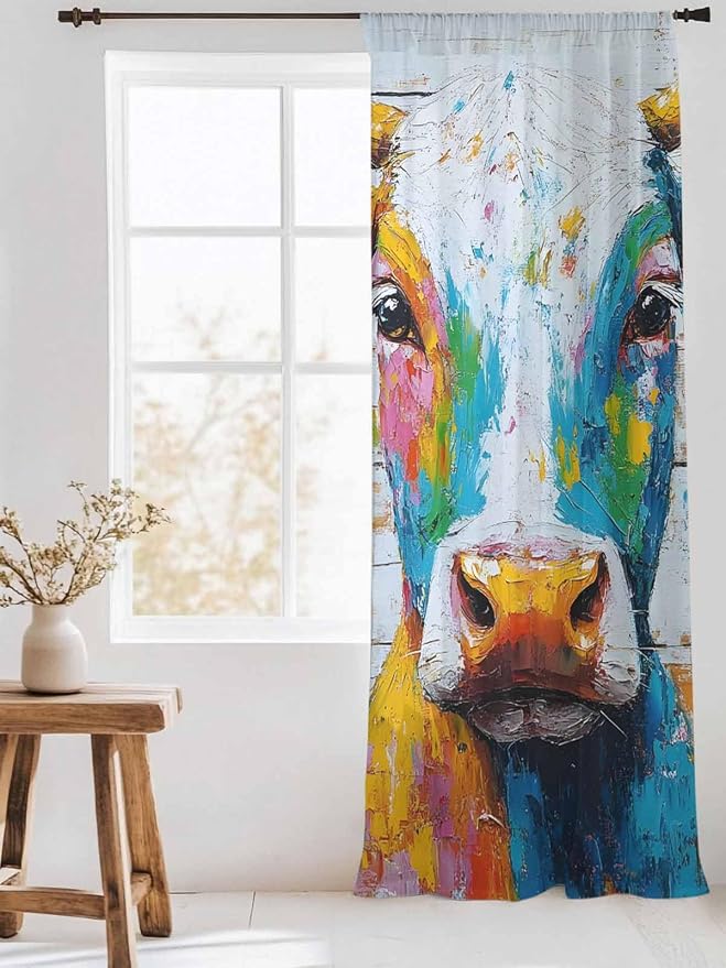 Sheer Curtains 96 Inches Long, Funny Colorful Cow Semi Sheer Curtains Light