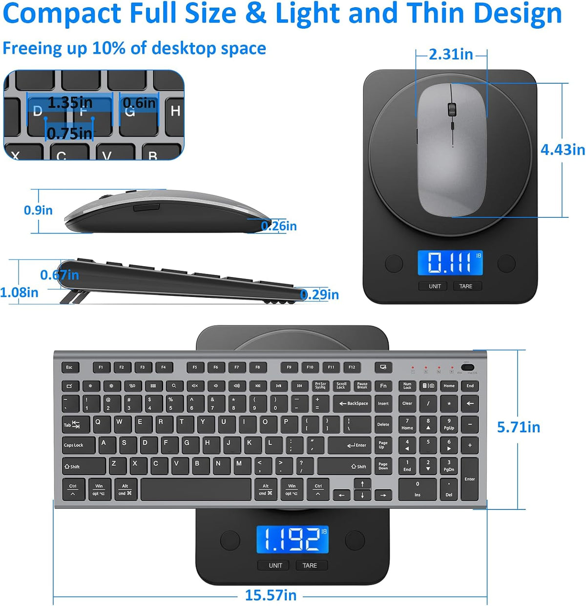 Keyboard and Mouse Wireless, Slim Flat Silent Quiet Black & Gray