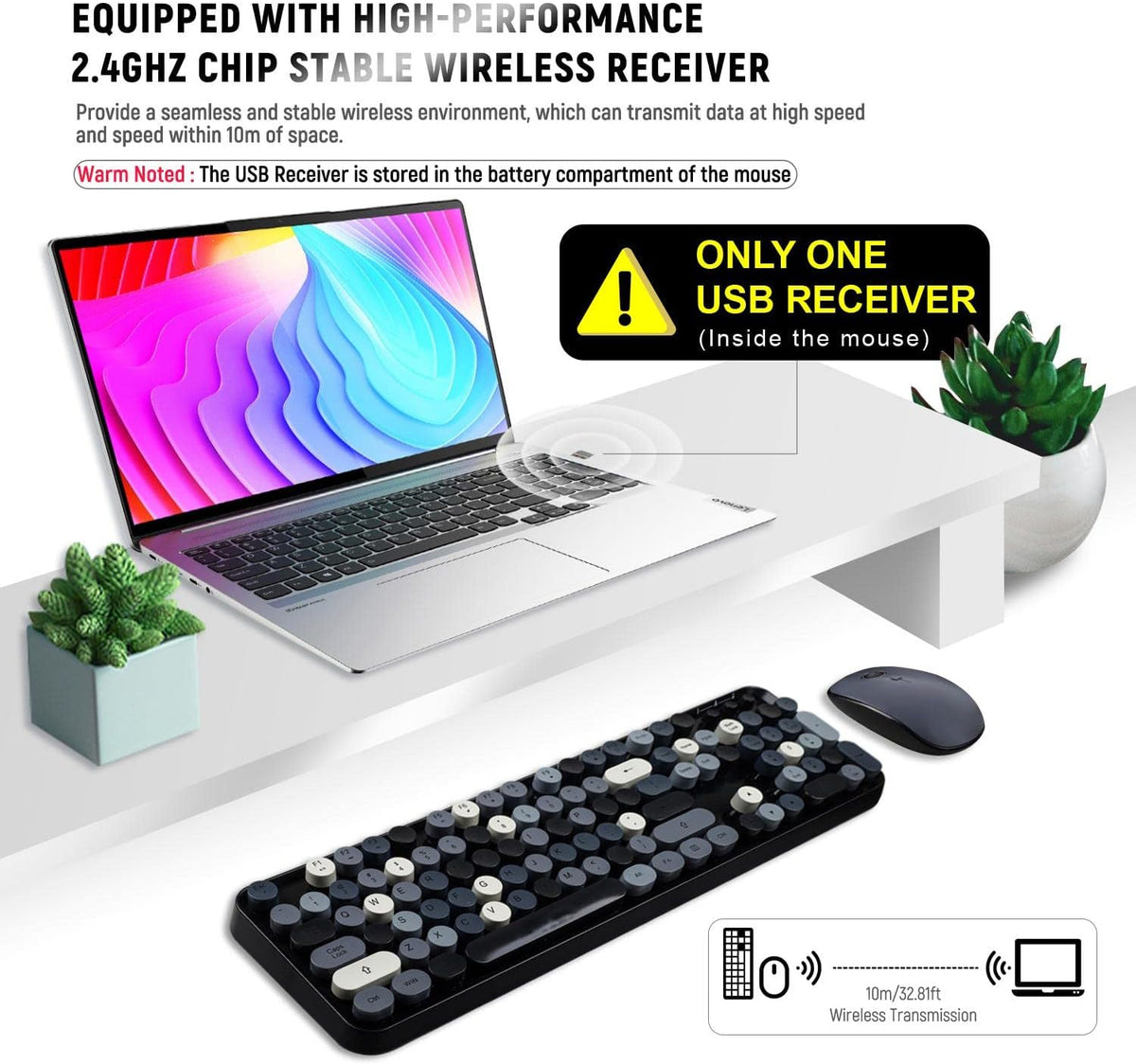 Clicky Wireless Keyboard and Mouse Combo,Retro Typewriter Style,Black Gray