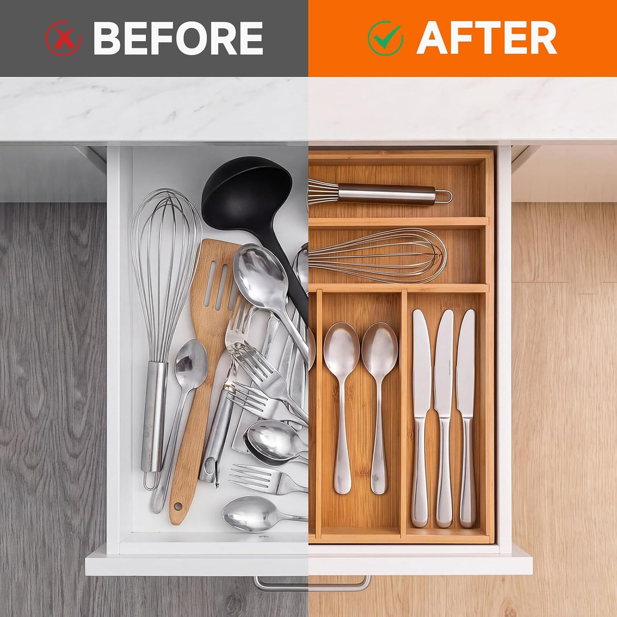 2-Piece Set Bamboo Silverware Drawer Organizer