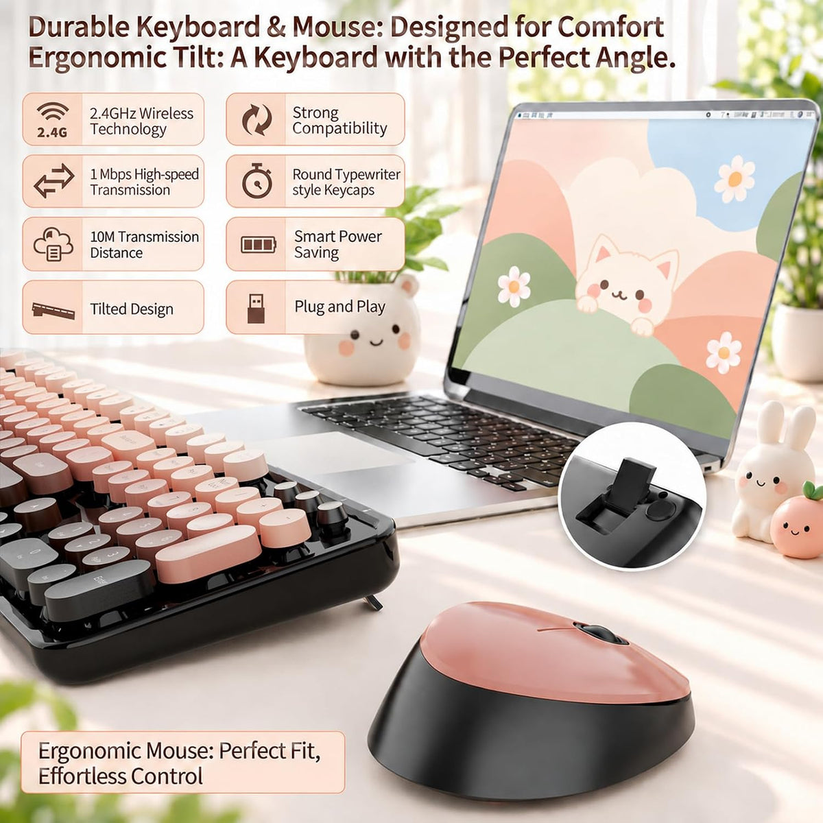 Nowlike Wireless Keyboard and Mouse Combo, Retro Typewriter Keyboard with Round Keycaps, Full-Size Ergonomic, Red, Ideal for Windows PC, Home, Office, and College, Wireless Keyboard Mouse Combo