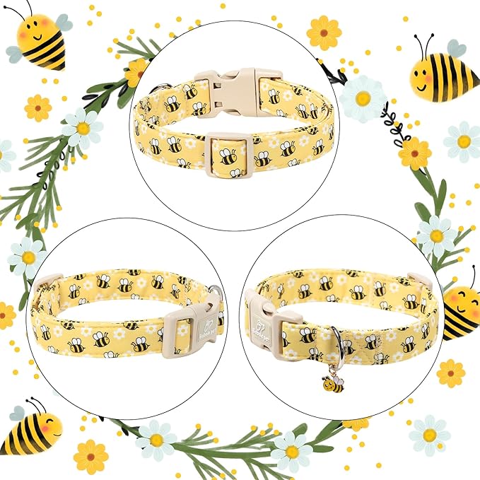 Bee & Daisy Dog Collar for Large Dogs - Spring/Summer Cartoon Yellow Dog Collars, Lightweight Adjustable Male Female Dogs Collars with Quick Release Buckle L