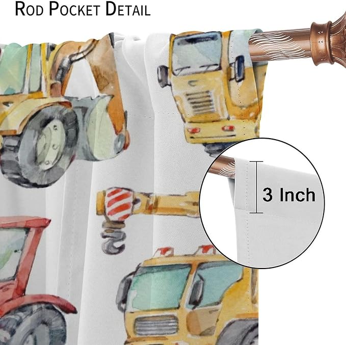 Kids Excavator Curtains, Retro Truck Tractor Machinery Construction Vehicle