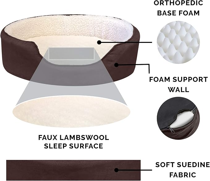 Furhaven Orthopedic Dog Bed for Medium/Small Dogs w/ Removable Washable Cover, For Dogs Up to 18 lbs - Sherpa & Suede Oval Lounger - Espresso, Medium