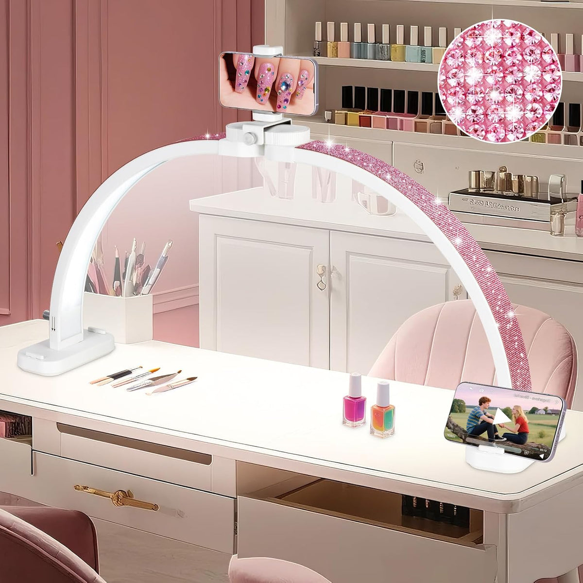 HITTI Super Large 31in Half Moon Light for Nail Desk, Crystal Diamond White